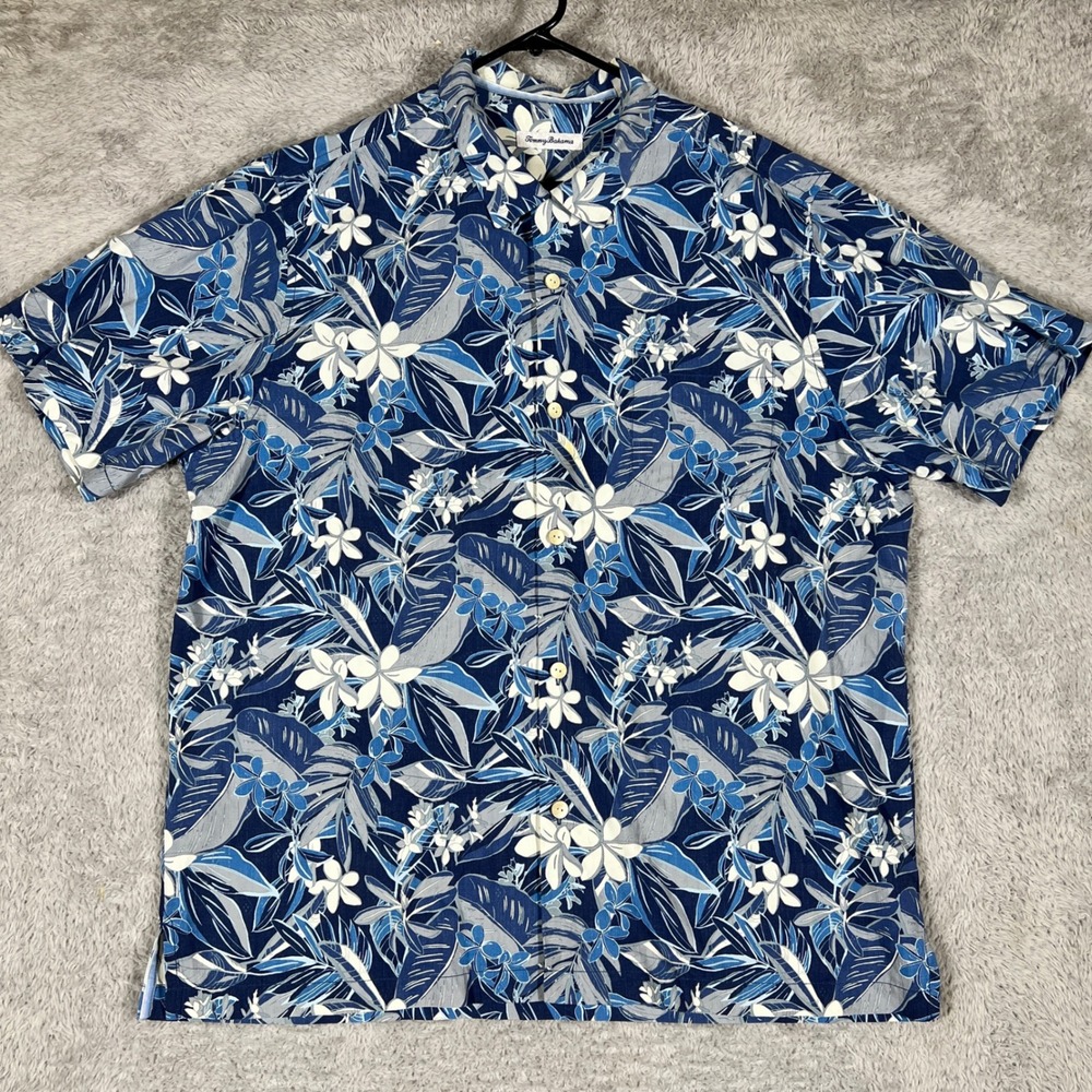 Tommy Bahama Button Down Mens XL Blue Tropical Floral Silk Blend Camp Shirt